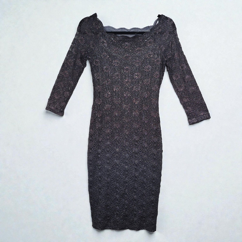 Onyx Nite Lace Overlay Sheath Dress Metallic Accents Woman Size 4 Gray Purple‎